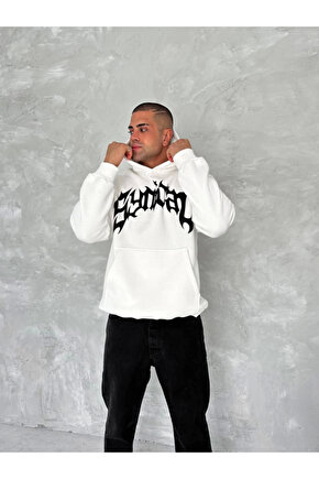 Gökyüzü Moda Unisex Üç İplik Kapşonlu Baskılı SweatShirt - Beyaz
