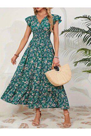 Kadın Kısa Kollu Kruvaze Yaka Beli Lastikli çiçek Desenli Elbise