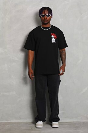 Unisex Bisiklet Yaka Baskılı Oversize T-Shirt - Siyah
