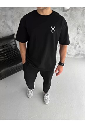 Unisex Bisiklet Yaka Baskılı Oversize T-Shirt - Siyah
