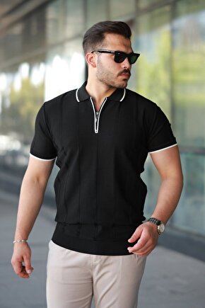 Gökyüzü Moda Erkek Dikey Kabartmalı Örgü Dokulu Fermuar Yakalı Tişört