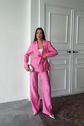 Pembe Beli Kuşaklı Ceket Ve Pantolon Parlak Takım