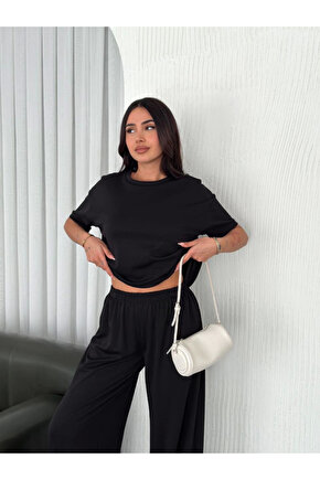 Osy Modal Yumuşak Dokulu Kumaş Bisiklet Yaka T-shirt Bol Paça Pantalon Ikili Takım -Siyah