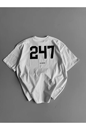 201 Penye Compack Baskılı Oversize Bisiklet Yaka Kısa Kol Yazlık T-shirt - Beyaz