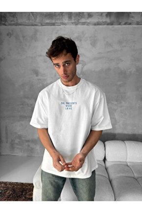 Ön ve Arka Baskılı Oversize Bisiklet Yaka T-shirt- Beyaz