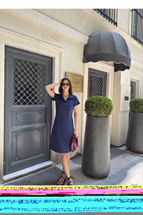 Osy Modal Yumuşak Dokulu Kumaş Yakalı Kısa Kollu Elbise - Mavi