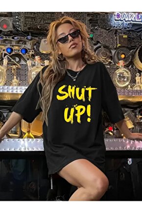 201 Penye Compack Shut up Baskılı Oversize Bisiklet Yaka Kısa Kol T-shirt - Siyah