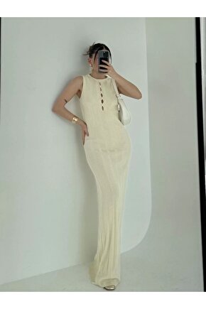 Kalın Fitilli Uzun Triko Elbise - Kırık Beyaz