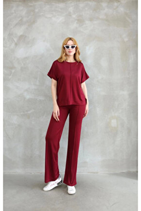 Gökyüzü Moda Osy Modal Yumuşak Dokulu Kumaş Bisiklet Yaka Kısa Kollu Takım - Bordo