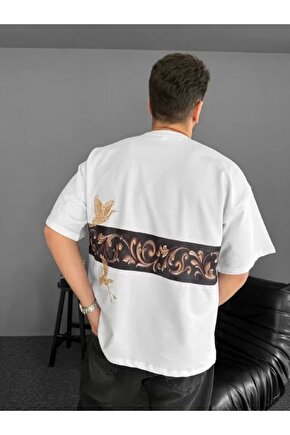 Ön ve Arka Baskılı Oversize Bisiklet Yaka T-shirt - Beyaz