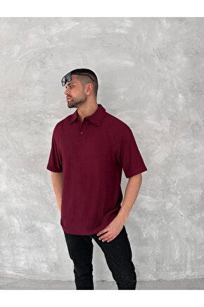 Yakalı Patlı Kısa Kol T-shirt - Bordo