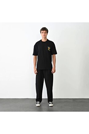 Unisex Bisiklet Yaka Baskılı Oversize T-Shirt - Siyah