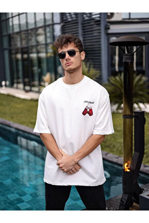 Unisex Bisiklet Yaka Baskılı Oversize T-Shirt - Beyaz