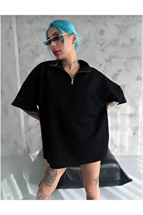 Gökyüzü Moda Unisex Yarım Fermuarlı Düz Oversize T-Shirt - Siyah