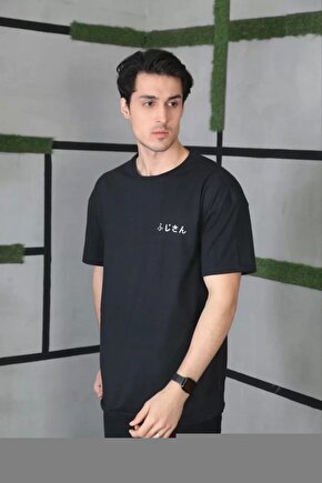 Erkek Bisiklet Yaka Baskılı Oversize T-Shirt - Siyah