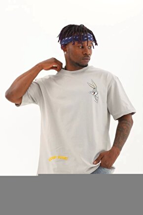 Unisex Bisiklet Yaka Baskılı Oversize T-Shirt - Siyah