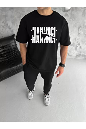 Gökyüzü Unisex Bisiklet Yaka Katlanan Baskılı T-Shirt - Siyah