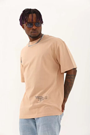 Gökyüzü Moda Unisex Oversize Baskılı Bisiklet Yaka T-Shirt - Bej