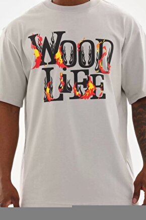 Unisex Oversize Baskılı Bisiklet Yaka T-Shirt - Bej