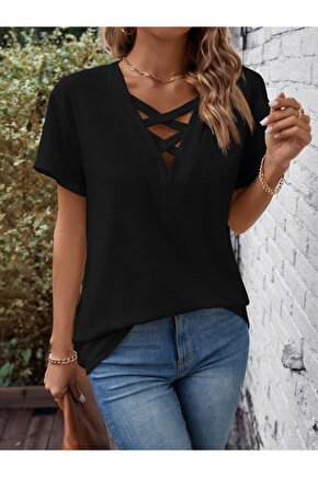Gökyüzü Moda Kadın Kısa Kollu önden çapraz Detay V Yakalı Viskon Bluz
