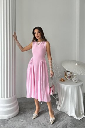 Gökyüzü Moda Pembe Yanları Büzgülü Midi Boy Keten Elbise