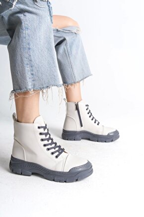 BLOOM Bağcıklı Fermuarlı Ortopedik TabanKadın Bot GT - Krem