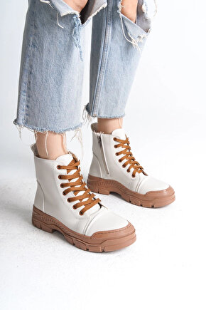 BLOOM Bağcıklı Fermuarlı Ortopedik TabanKadın Bot TT - Krem