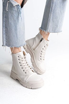 BLOOM Bağcıklı Fermuarlı Ortopedik TabanKadın Bot KT - Krem