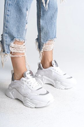 TOKYO Bağcıklı Ortopedik Taban Triko Detaylı Kadın Spor Ayakkabı TBT - BeyazGri