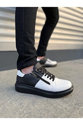 JY155 Warrior Bağcıklı ve Fermuarlı Cilt Erkek Günlük Sneaker Ayakkabı CST - SiyahBeyaz