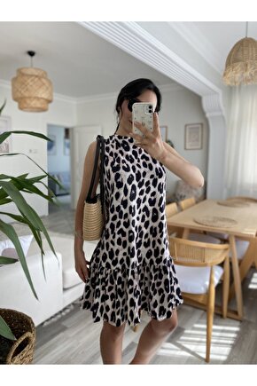 Gökyüzü Moda Kadın Kolsuz Sırttan Bağlamalı Fırfırlı Leopar Desenli Süprem Elbise