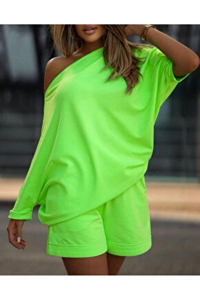 Gökyüzü Moda Kadın Kayık Yaka Salaş Iki Iplik Bluz Ve şort Ikili Takım