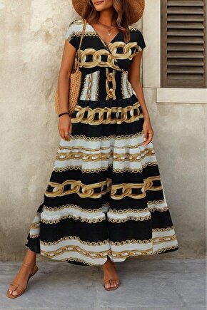 Kadın Kısa Kollu Kruvaze Yaka Beli Lastikli Süprem Maksi Boy Elbise