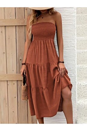 Gökyüzü Moda Kadın Straplez Göğüsten Lastikli Kloş Aerobin Uzun Elbise