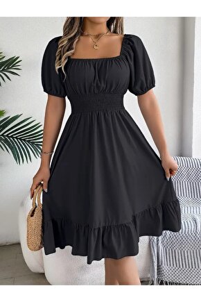 Gökyüzü Moda Kadın Kısa Kollu Kare Yakalı Beli Lastikli Kısa Trikoton Elbise