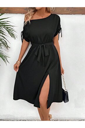 Gökyüzü Moda Kadın Tek Omuzu Açık Kol Ucu Fiyonklu Belden Kuşaklı Yırtmaç Detaylı Viskon Elbise