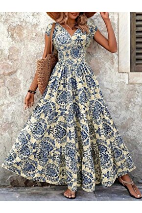 Kadın Kısa Kollu Kruvaze Yaka Beli Lastikli Süprem Maksi Boy Elbise