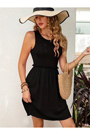 Gökyüzü Moda Kadın Kolsuz Bel Lastik Ve Büzgü Detay Viskon Mini Elbise