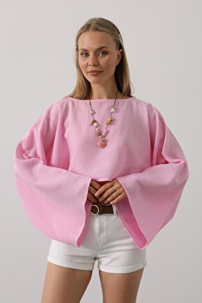 Gökyüzü Moda YARASA KOLLU CROP BLUZ - Pembe
