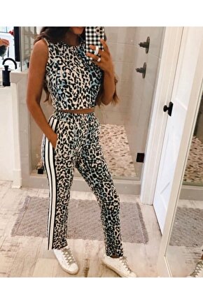 Gökyüzü Moda Kadın Dalgıç Kumaş Dijital Leopar Baskılı şerit Detaylı Takım