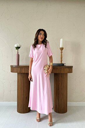 Gökyüzü Moda Pudra Pileli Bisiklet Yaka Elbise