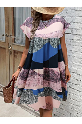 Gökyüzü Moda Kadın Kısa Kollu Bisiklet Yaka Kare Desenli Dalgıç Elbise