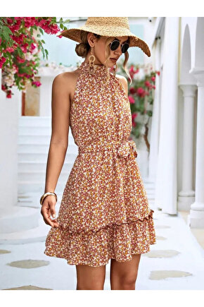 Gökyüzü Moda Kadın Eteği Volanlı Halter Yaka Süprem Elbise