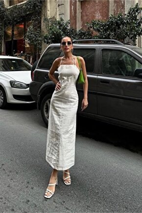 Trisha Sırt Dekolteli Keten Elbise 2496-20 ELBİSE