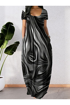 Gökyüzü Moda Kadın Kısa Kollu Yuvarlak Yaka Cepli Salaş Baskılı Süprem Elbise