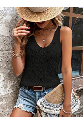 Kadın Baklava Desen Detaylı Kalın Askılı Triko Bluz