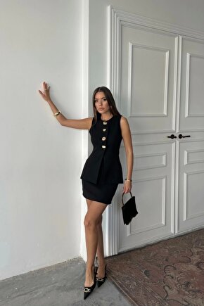 KLASİK GOLD DÜĞMELİ YELEK - KISA ETEK TAKIM - Siyah