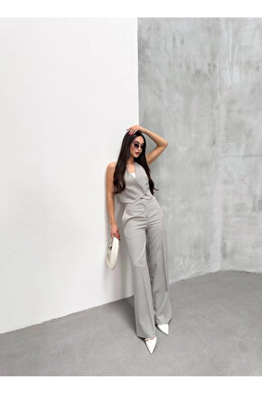 Toskana Çizgili Kruvaze Yaka Tek Düğmeli Yelek Pantolon Takim - M - A.Gri