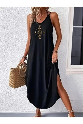Gökyüzü Moda Kadın Askılı V Yakalı Desenli Uzun Viskon Elbise