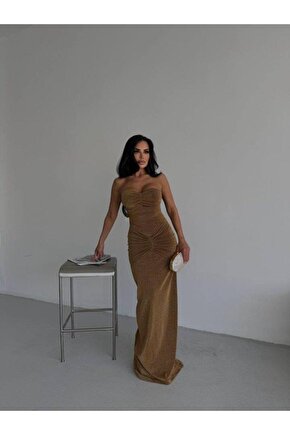 Straplez Simli Uzun Elbise